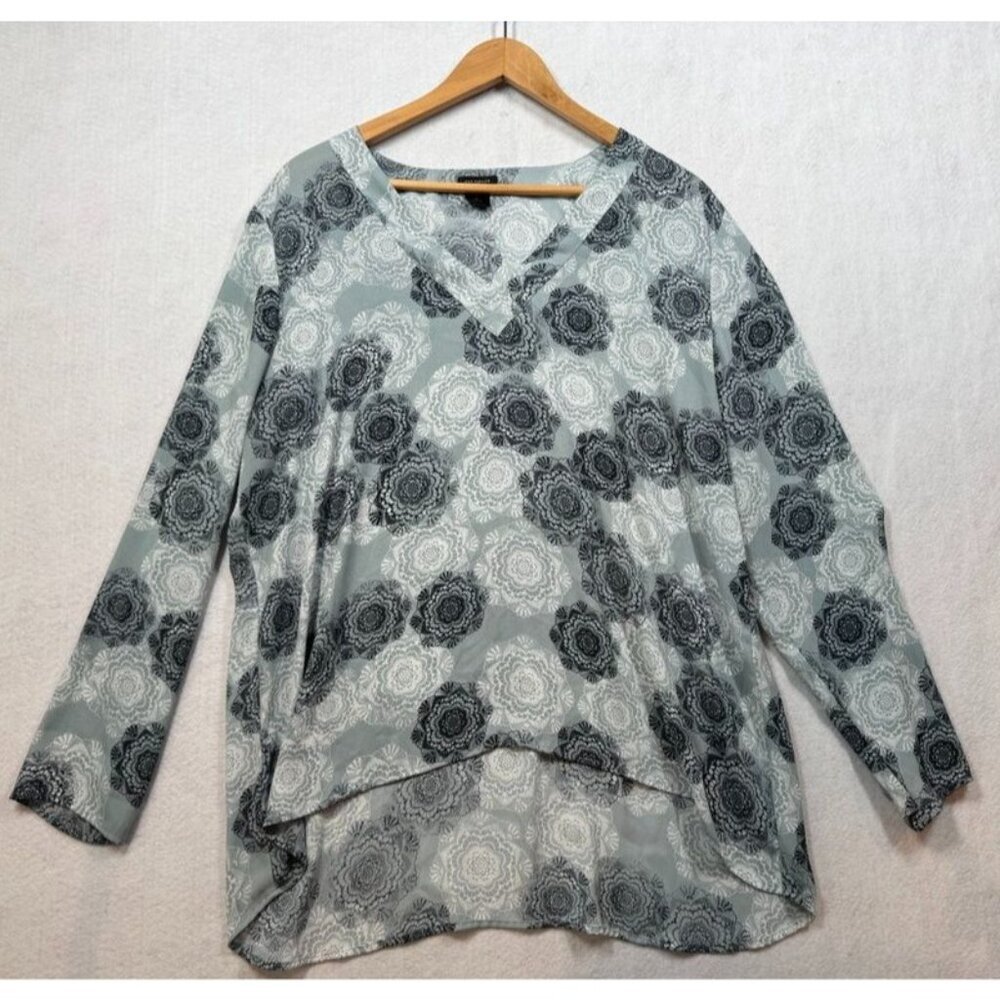 Ann Taylor Factory Floral Print Blouse Long Sleeve V-Neck Hi Low Top Women's XL